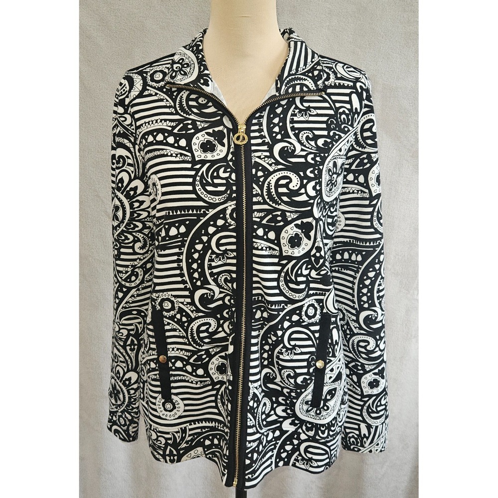 JONES NEW YORK Signature Jacket Womens M Black White Paisley Striped Zip Cotton